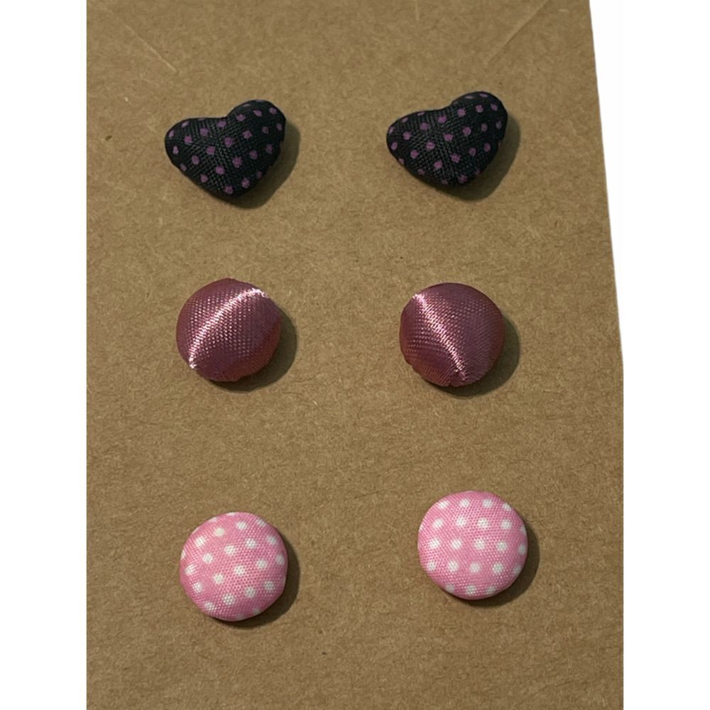 Stud Button Earrings‎ Set Fabric Polka Dot Hearts Round Pink Black White
